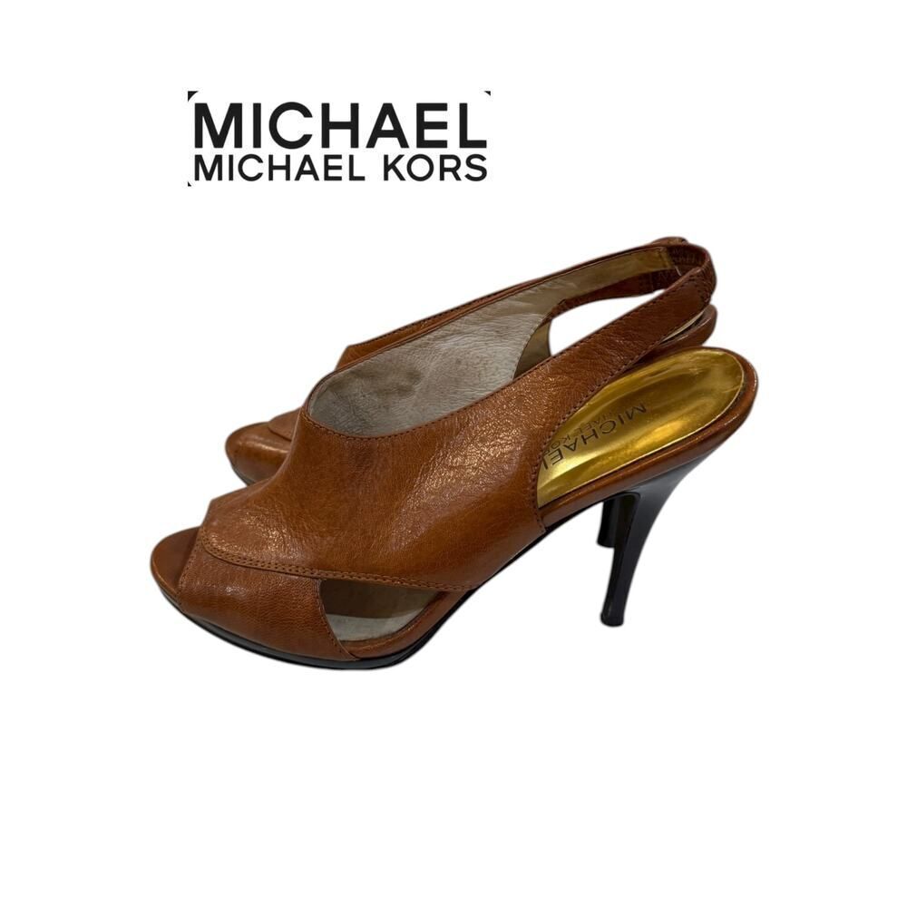 MICHAEL Michael Kors Women’s Brown Leather Cutout Peep Toe Slingback Heels 7.5